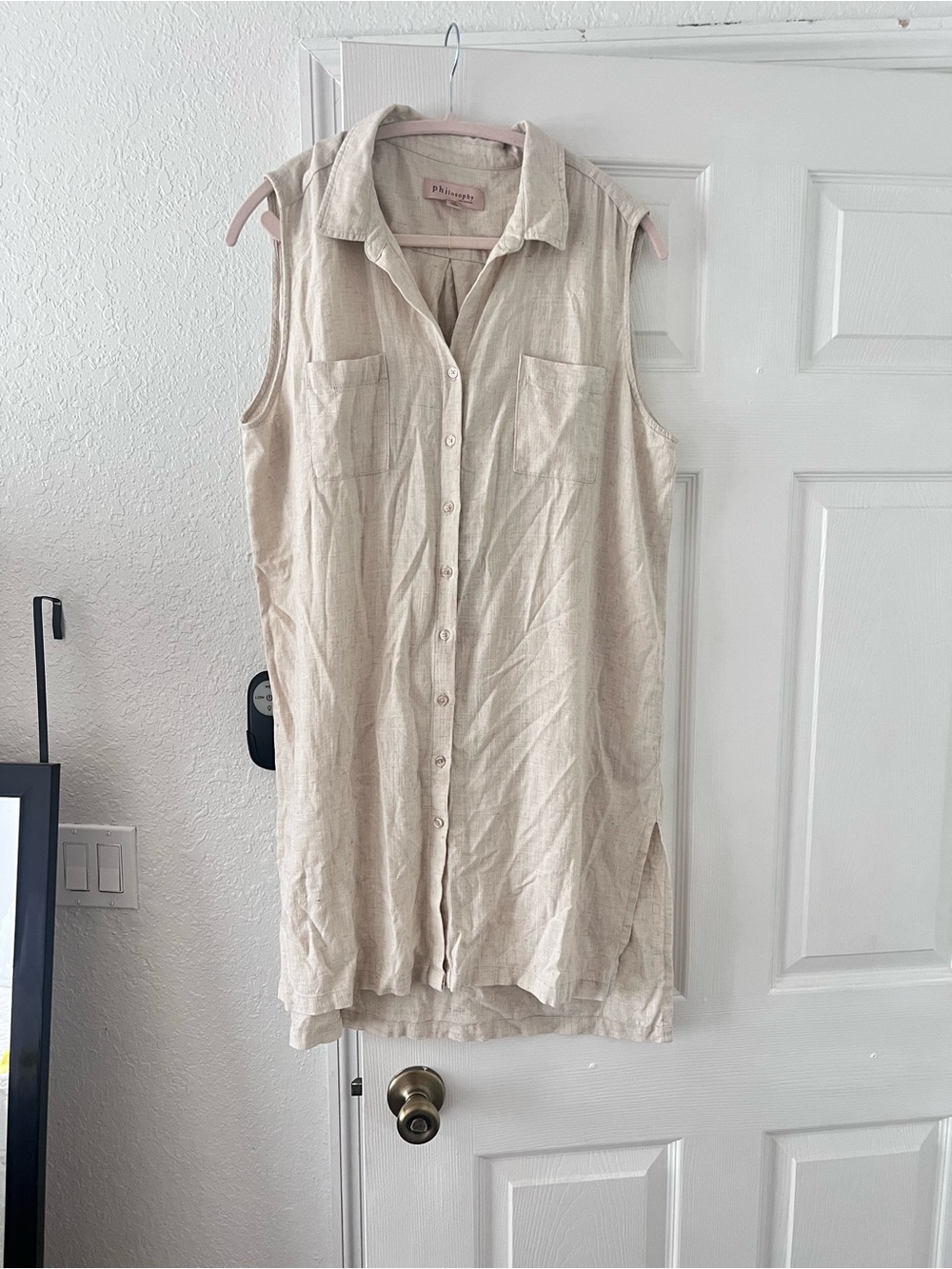 Philosophy Sleeveless Button-Front Shirt Dress in Light Beige